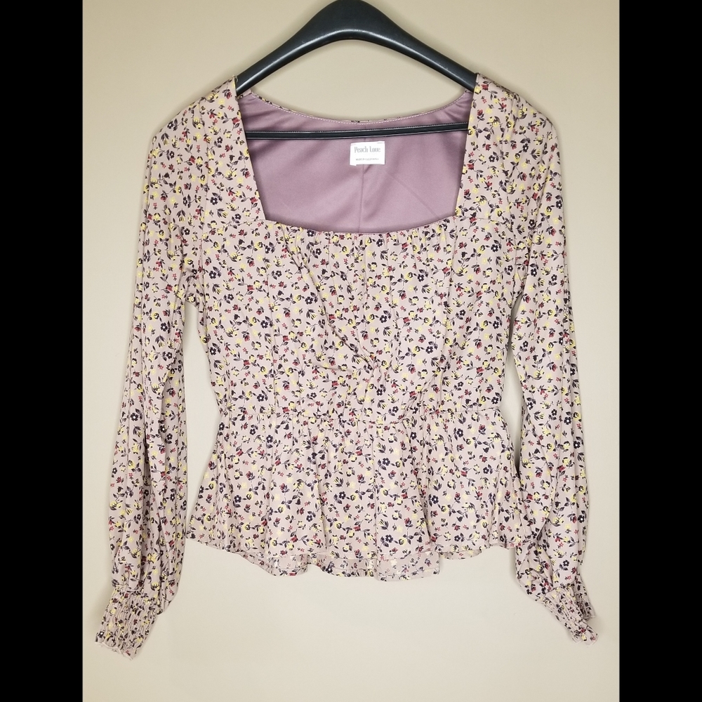 5⭐ Mocha disty floral square neck smocked babydoll bishop sleeve top - Picture 5 of 11